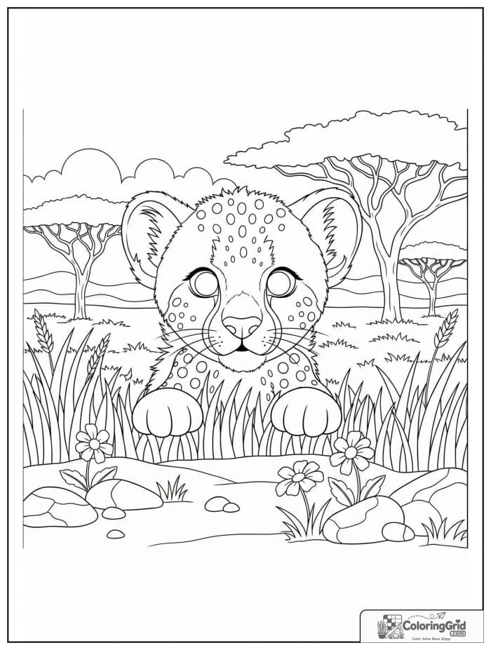A curious cheetah cub peeking through tall savanna grass with flowers, stones, and acacia trees.