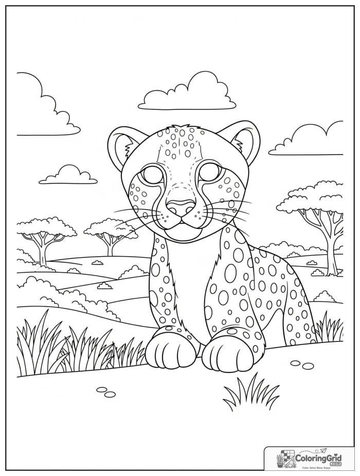 A watchful cheetah looking over a savanna hill with grass, bushes, trees, and clouds.
