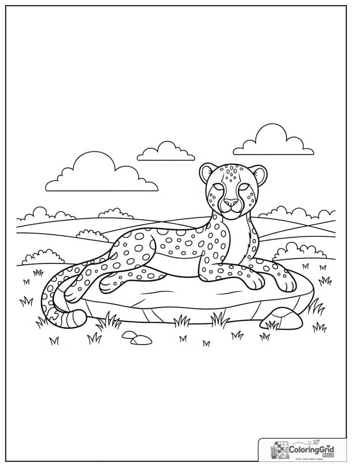 A relaxed cheetah lounging on a flat rock with grass, shrubs, rolling plains, and clouds.