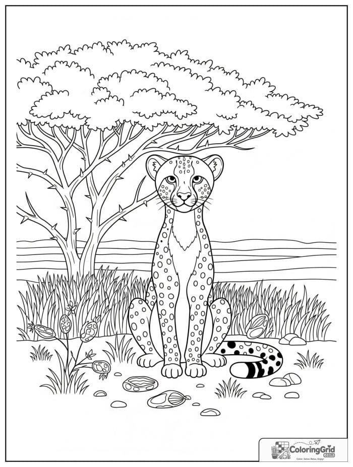 A calm cheetah sitting under a thorn bush with dry grass, pebbles, and open savanna plains.