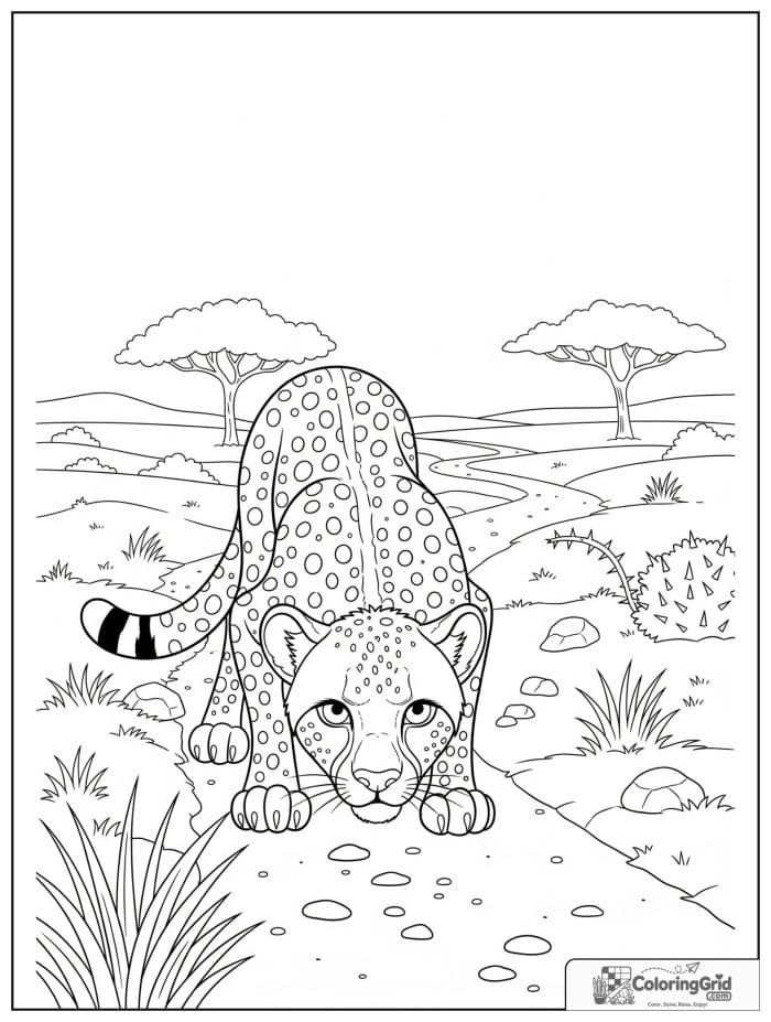 A curious cheetah sniffing tracks on a dusty savanna path with grass, stones, a thorn bush, and trees.