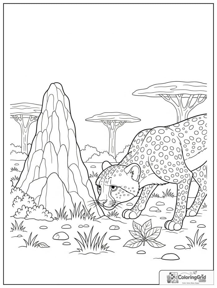 A curious cheetah sniffing near a termite mound with grass, shrubs, leaves, and distant trees.