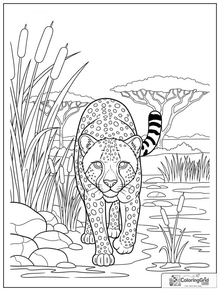 A focused cheetah stalking through tall reeds near shallow water with cattails, stones, and acacia trees.