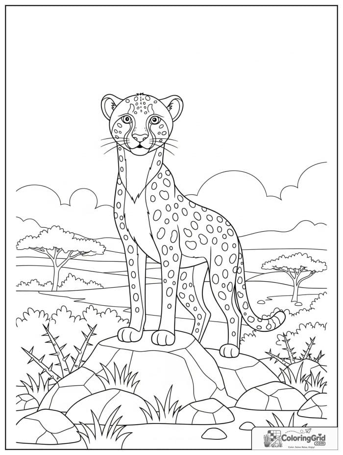 A proud cheetah standing on a rocky mound with grass, thorn bushes, stones, and savanna plains.