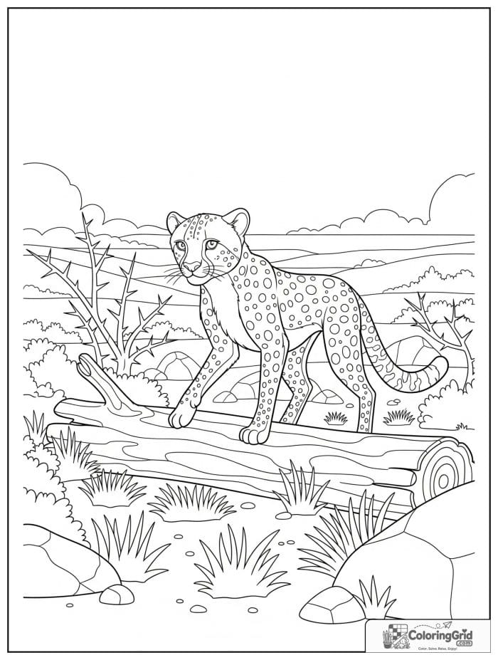 A careful cheetah stepping over a fallen log with shrubs, dry grass, rocks, and open plains.