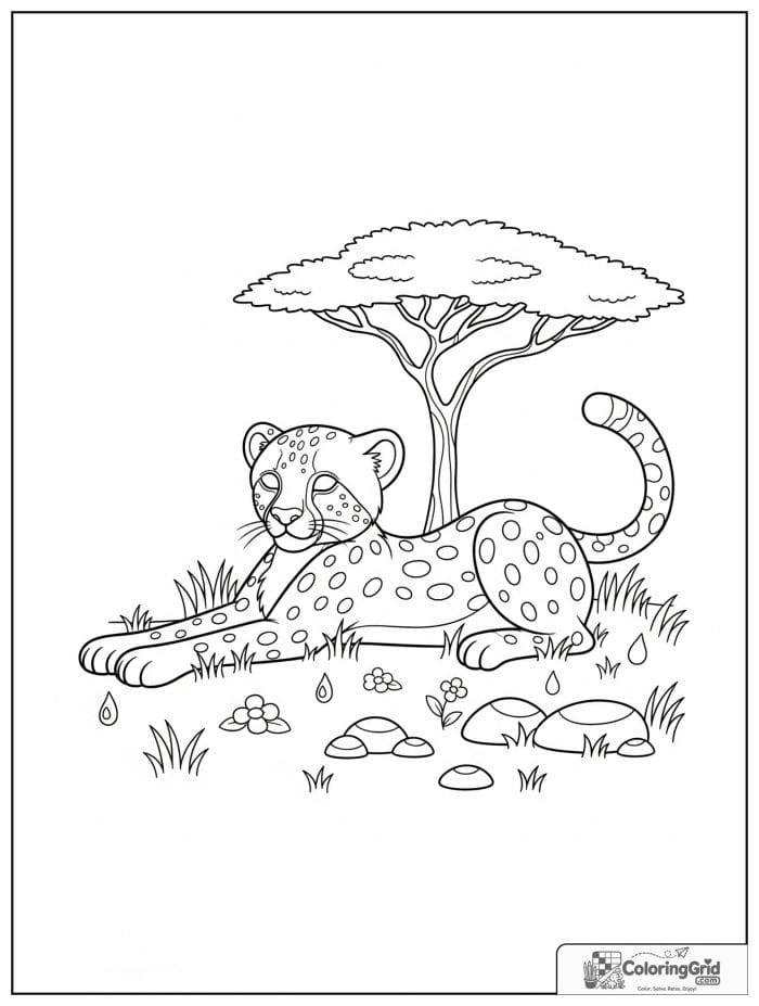 A relaxed cheetah stretching in morning grass with dew drops, flowers, stones, and an acacia tree.