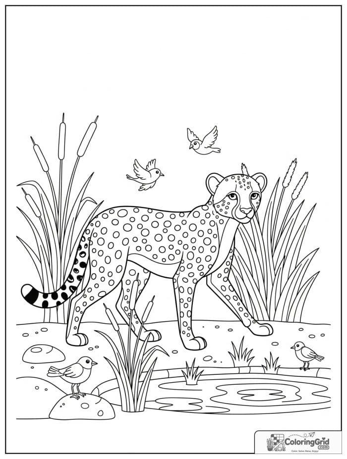 A graceful cheetah walking beside a waterhole with reeds, pebbles, grass, and birds.