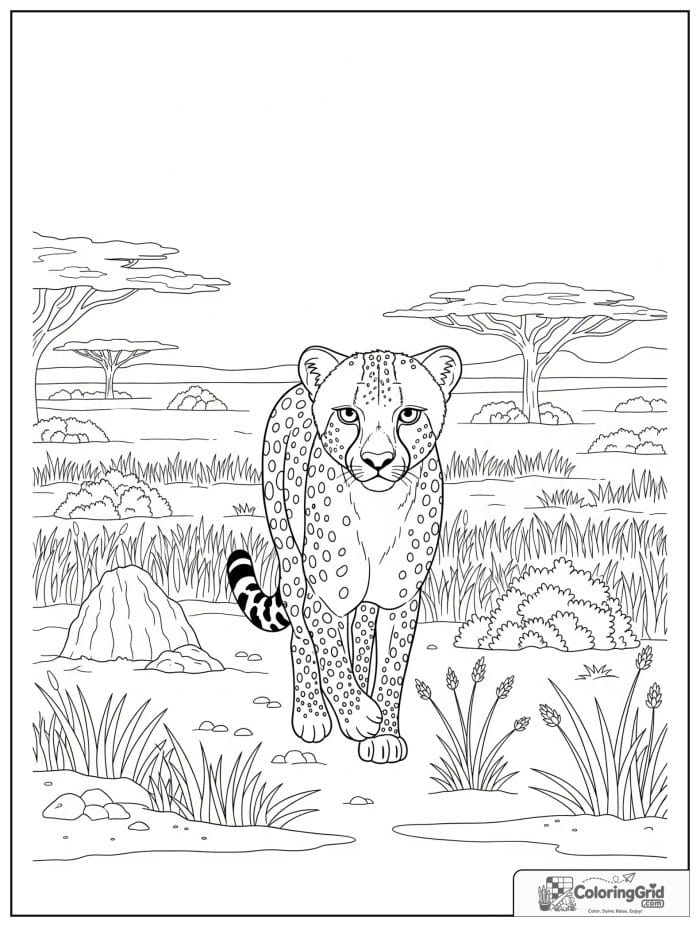 A quiet cheetah walking through dry savanna grass with shrubs, termite mounds, and trees.
