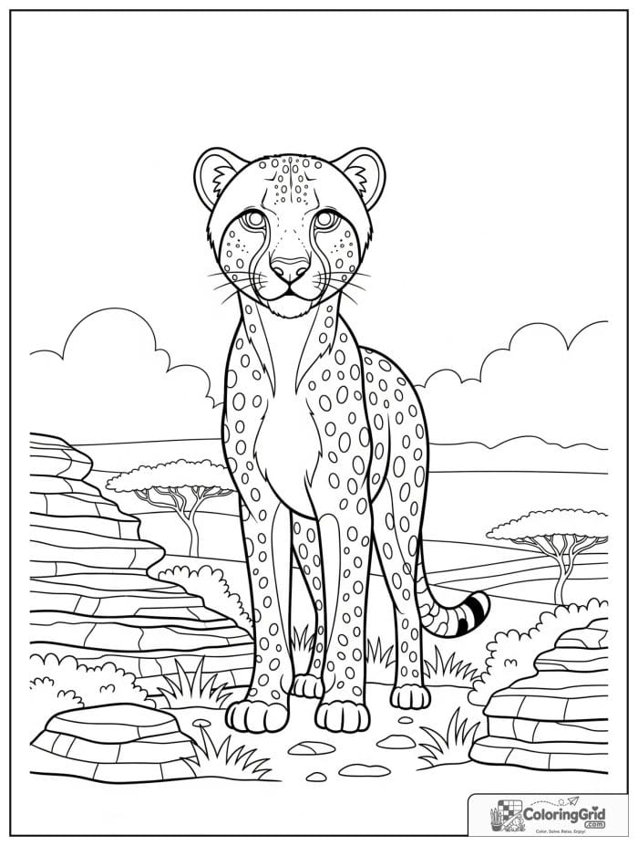 A watchful cheetah standing among kopje rocks with grass, bushes, and open savanna below.