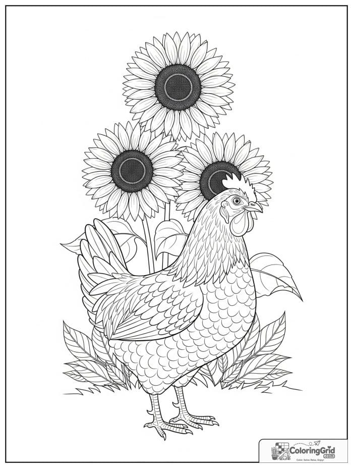 Chicken with sunflowers black and white art