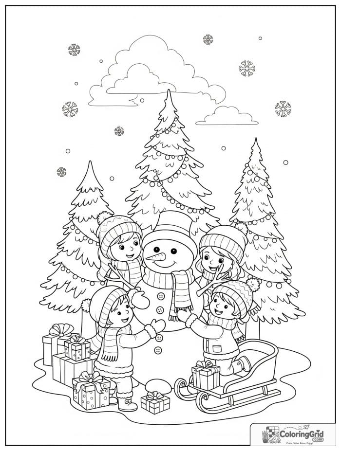 Children building snowman on Christmas morning coloring page