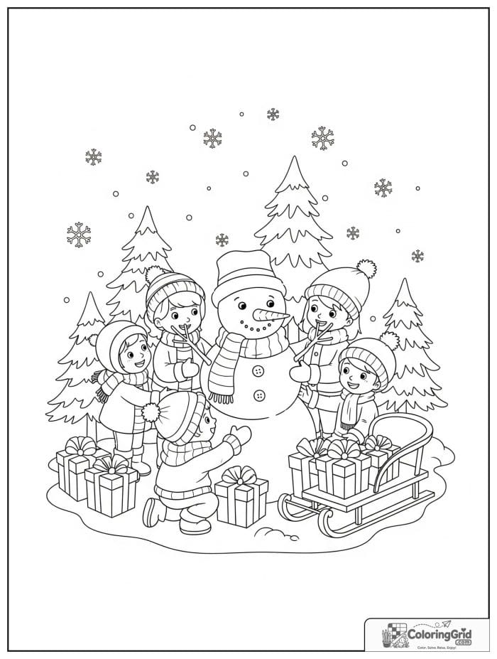 Children building snowman on Christmas morning coloring page