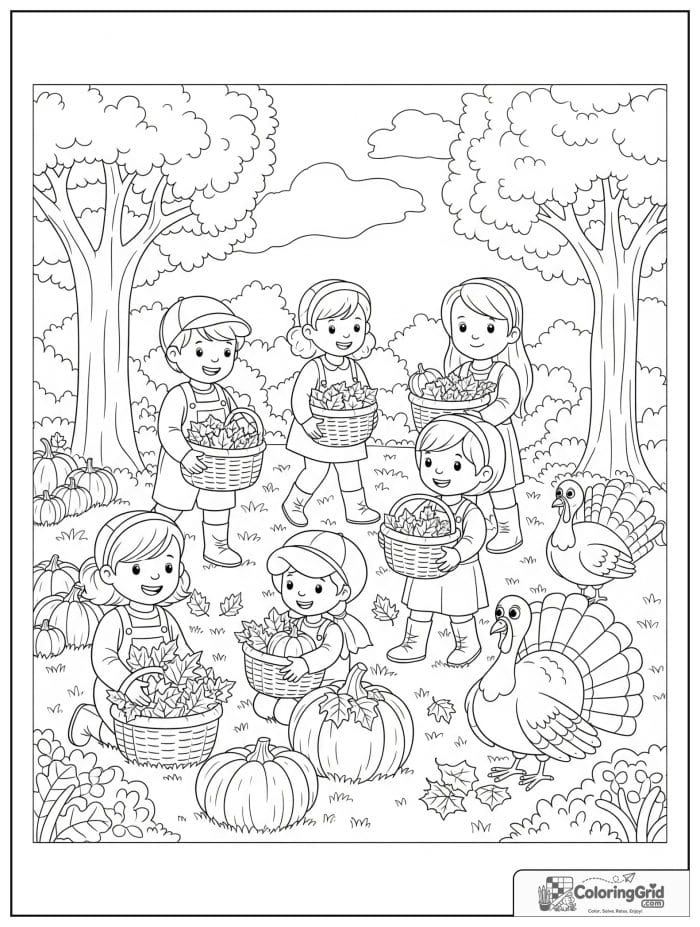 Children collecting pumpkins and leaves in a fall garden coloring page