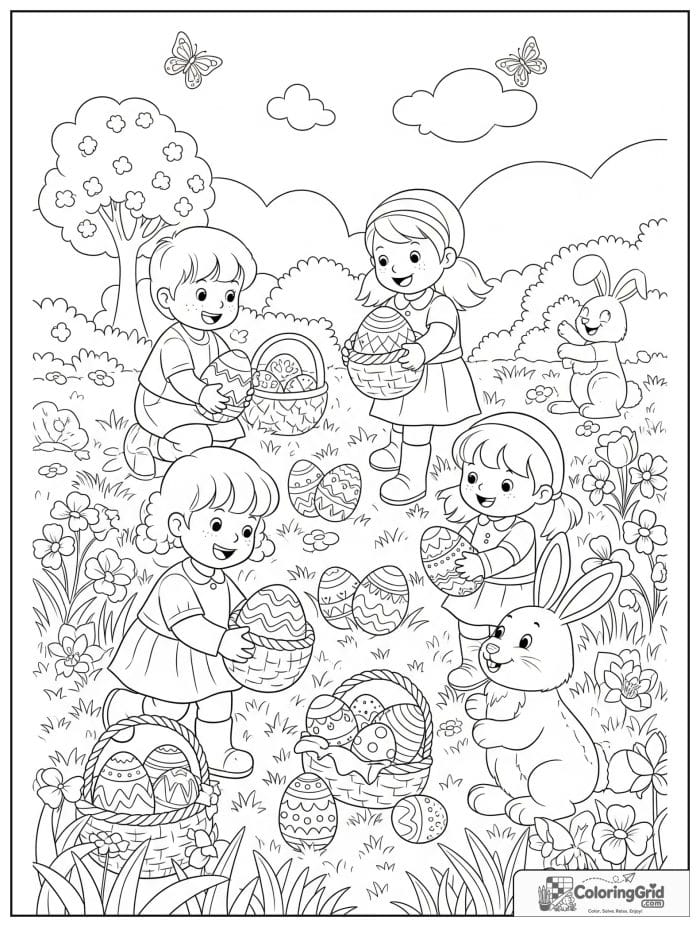 Children Easter egg hunt coloring page