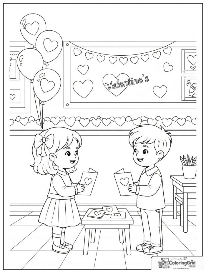 Children exchanging Valentine's cards in classroom coloring page