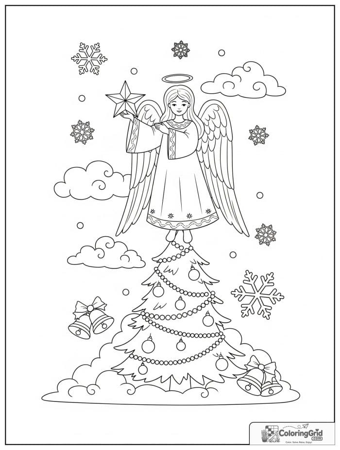 Christmas angel holding star above tree coloring page