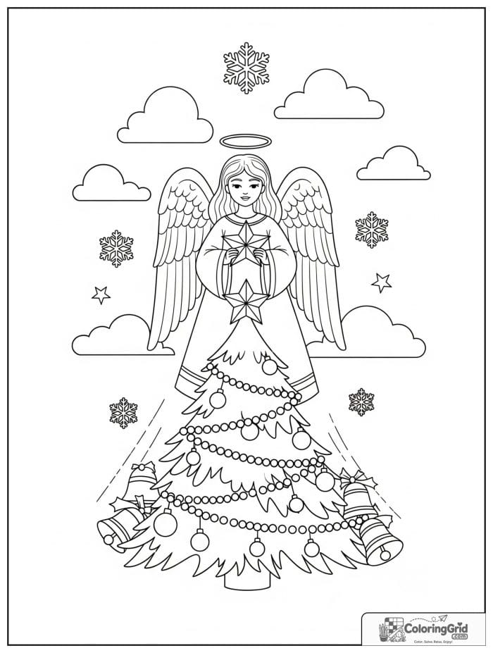 Christmas angel holding star above tree coloring page
