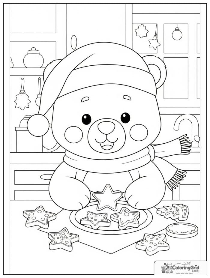 A happy bear bakes Christmas cookies in a festive kitchen with cookie cutters and holiday treats.