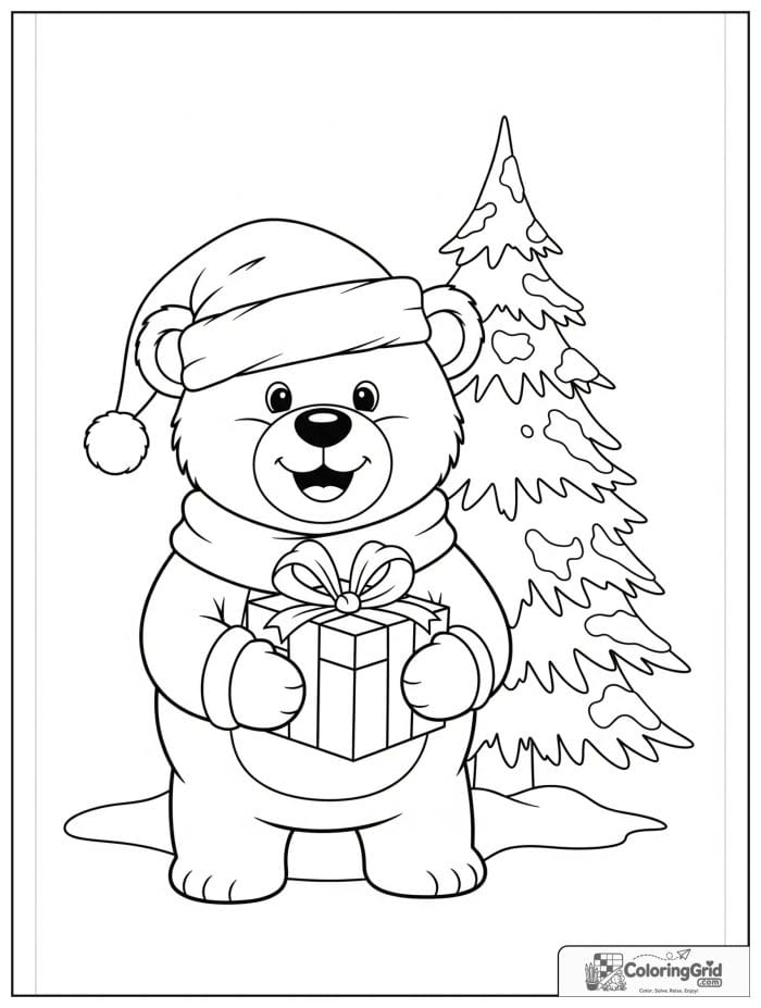 Christmas bear wearing Santa hat holding gift coloring page