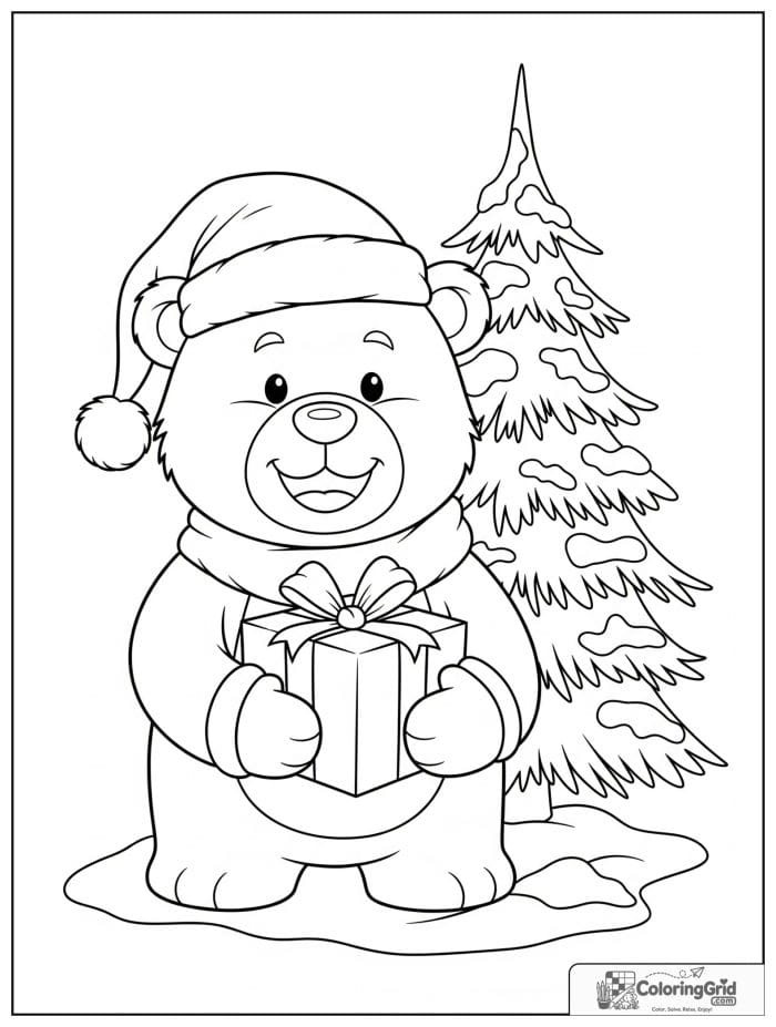 Christmas bear wearing Santa hat holding gift coloring page