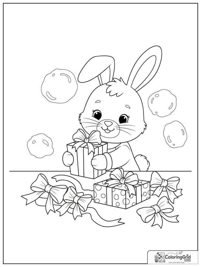 A cute bunny wraps Christmas presents with bows, ribbons, and holiday decorations.