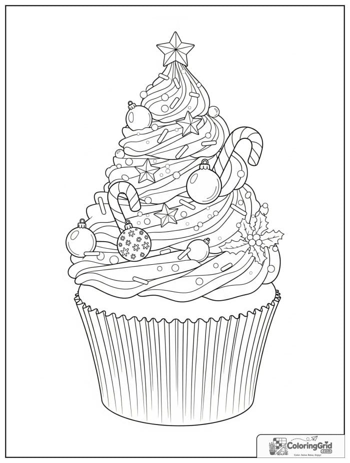 Christmas cupcake with tree frosting coloring page