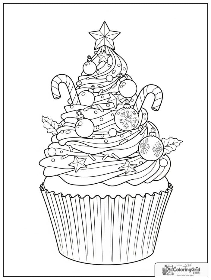 Christmas cupcake with tree frosting coloring page