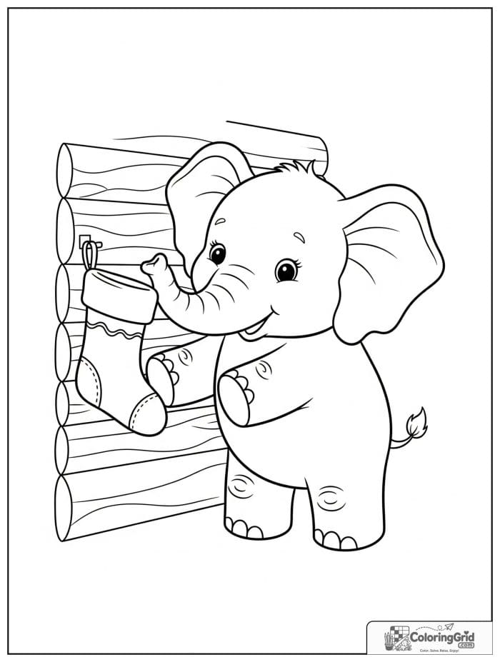 A baby elephant hangs Christmas stockings inside a cozy cabin with gifts and holiday decorations.