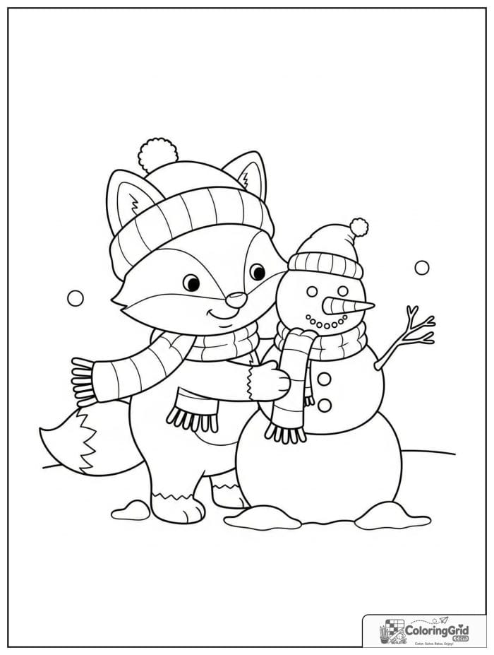 A friendly fox builds a Christmas snowman in a snowy forest with ornaments and pine trees.