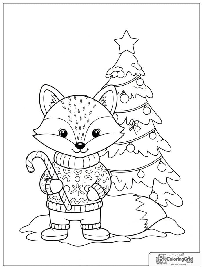 Cute Christmas fox holding candy cane coloring page