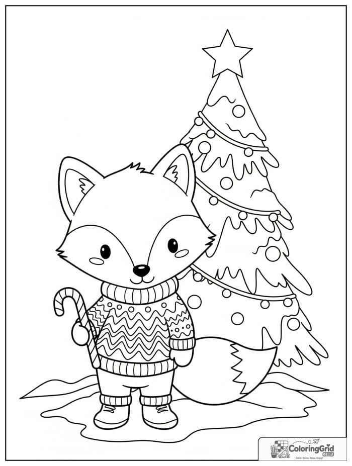 Cute Christmas fox holding candy cane coloring page