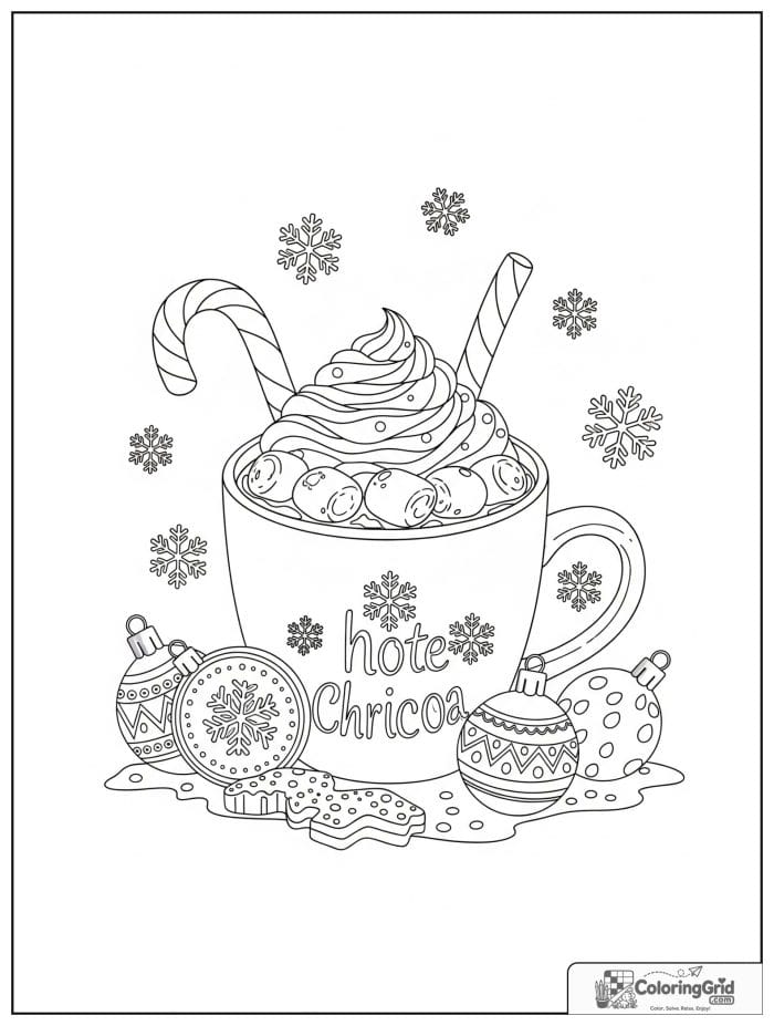 Christmas hot cocoa mug with marshmallows coloring page