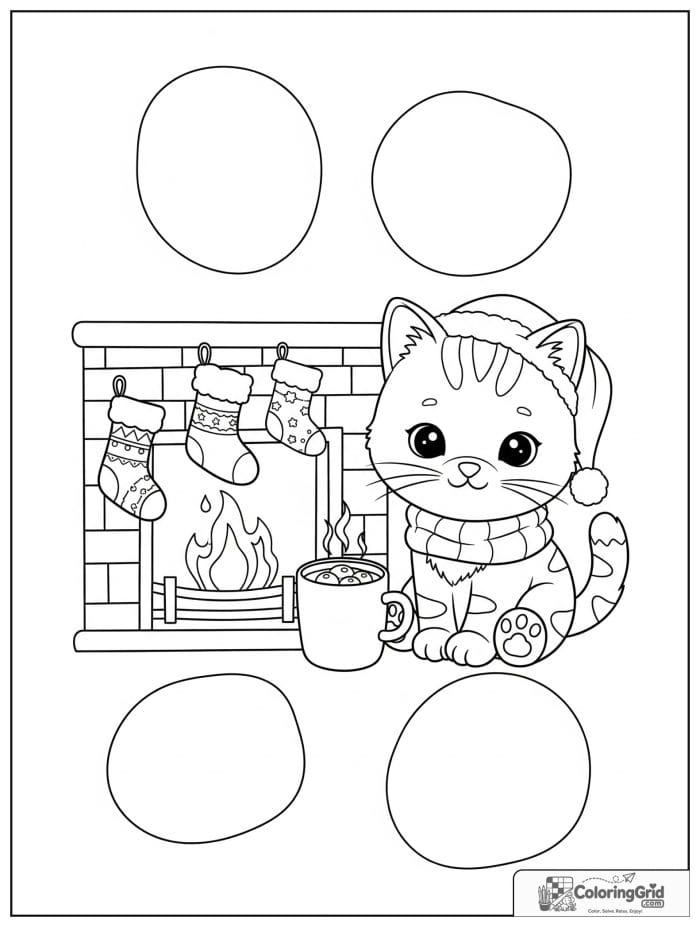 A tiny kitten enjoys a cozy Christmas fireplace with stockings, cocoa, and holiday gifts.