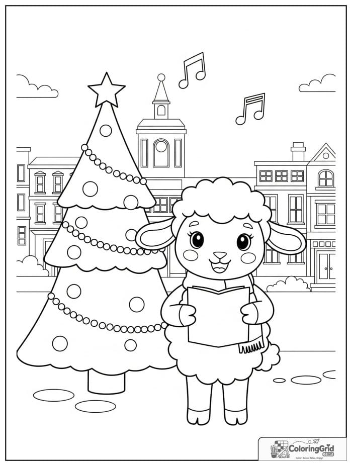 A fluffy lamb sings Christmas carols beside a decorated tree in a festive town square.