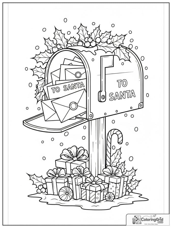 Christmas mailbox with letters to Santa coloring page