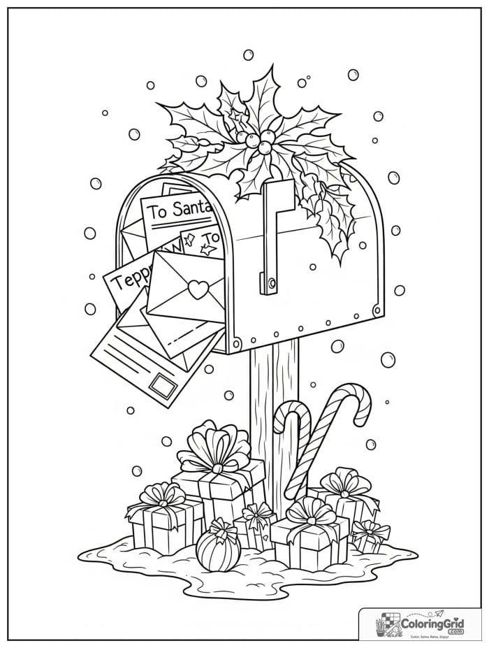 Christmas mailbox with letters to Santa coloring page