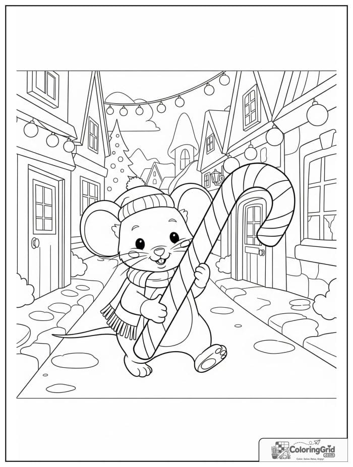 A little mouse carries a giant candy cane through a Christmas village with decorated houses.