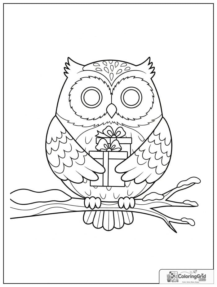 A round owl delivers Christmas gifts from a snowy tree branch with bells and stars.