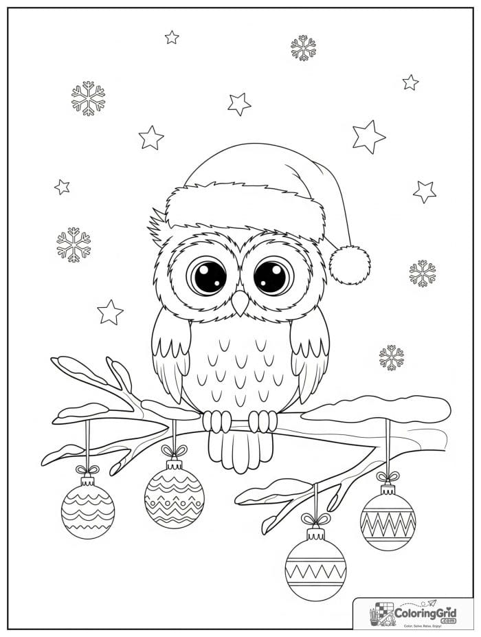 Christmas owl wearing Santa hat on snowy branch coloring page