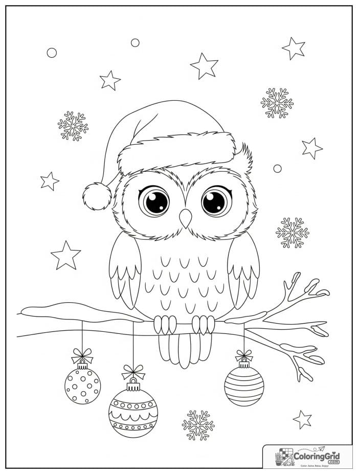 Christmas owl wearing Santa hat on snowy branch coloring page