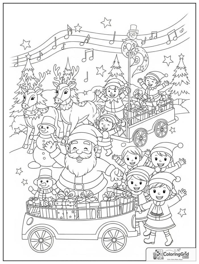 Christmas parade with Santa elves and reindeer coloring page