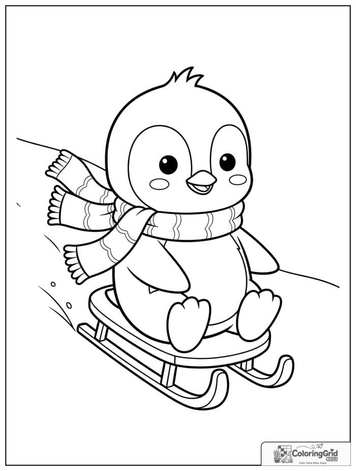 A baby penguin enjoys Christmas sledding on a snowy hill with gifts and snowflakes nearby.