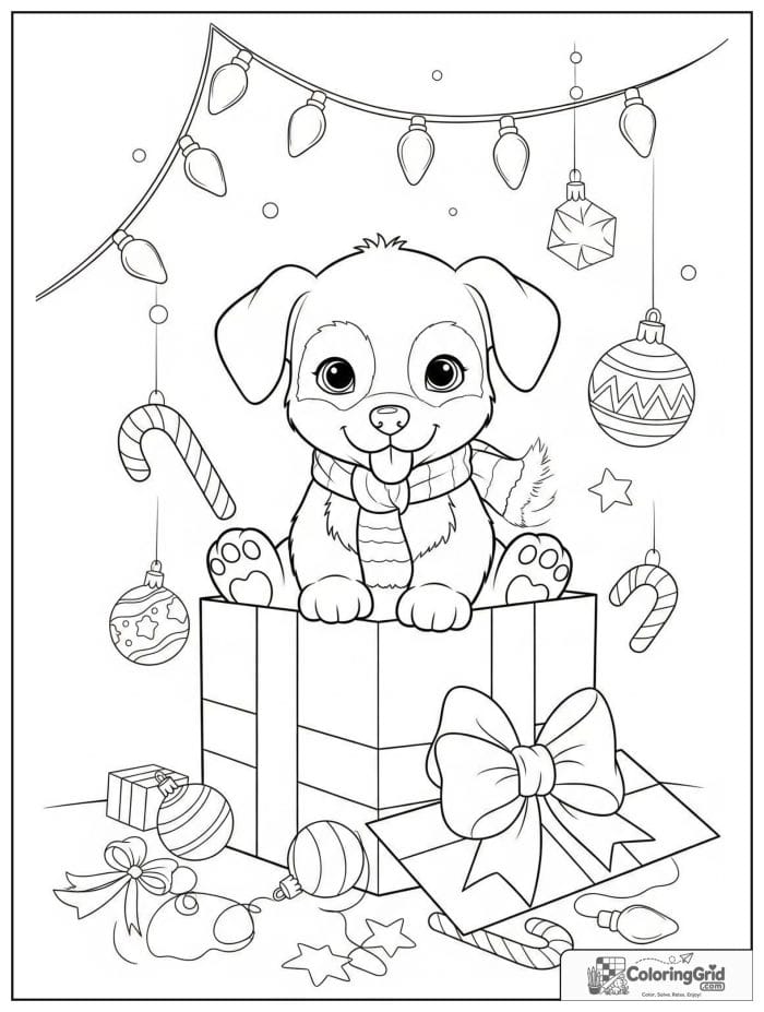Christmas puppy sitting in a gift box coloring page