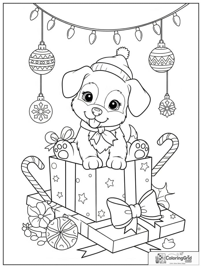 Christmas puppy sitting in a gift box coloring page