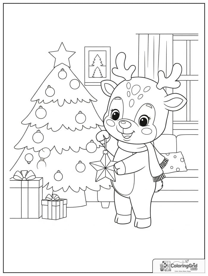 A cute baby reindeer decorating a Christmas tree with ornaments in a cozy holiday living room.