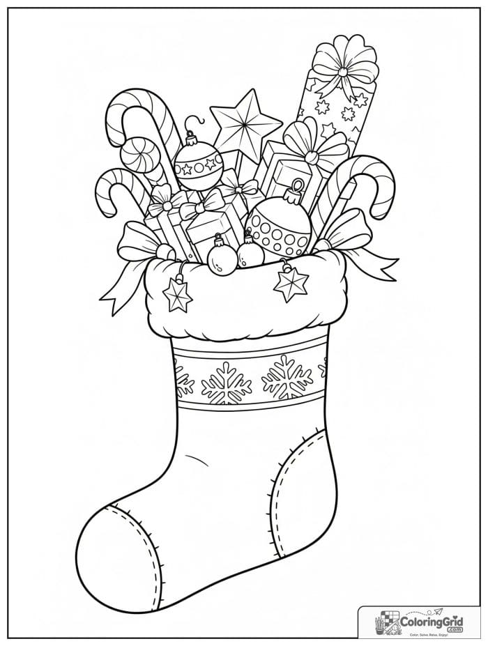 Christmas stocking filled with candy and toys coloring page