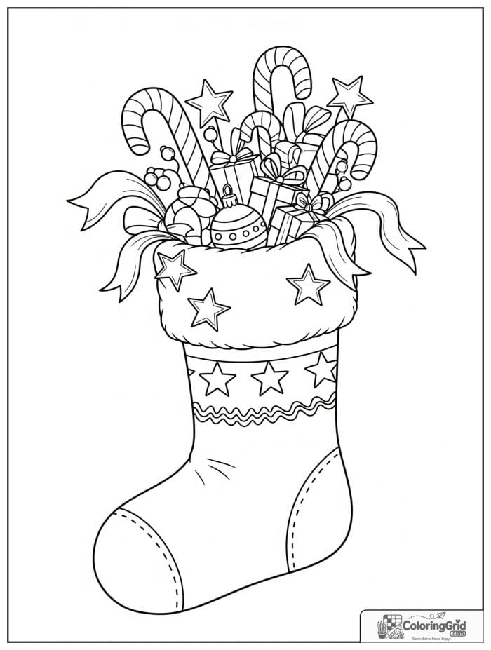 Christmas stocking filled with candy and toys coloring page