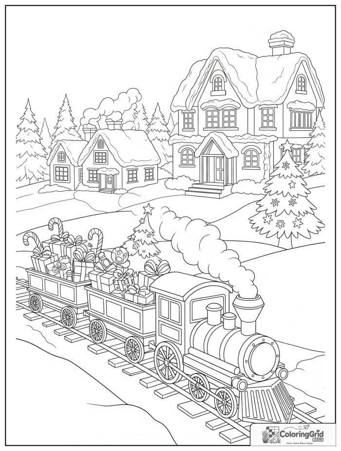 Christmas train carrying gifts through snowy village coloring page