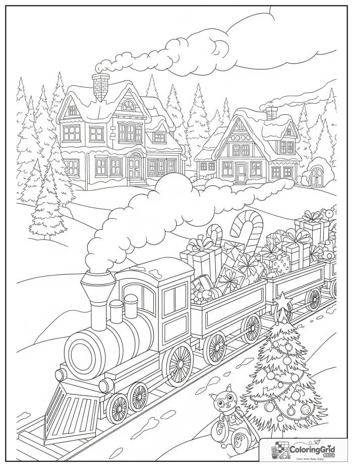Christmas train carrying gifts through snowy village coloring page