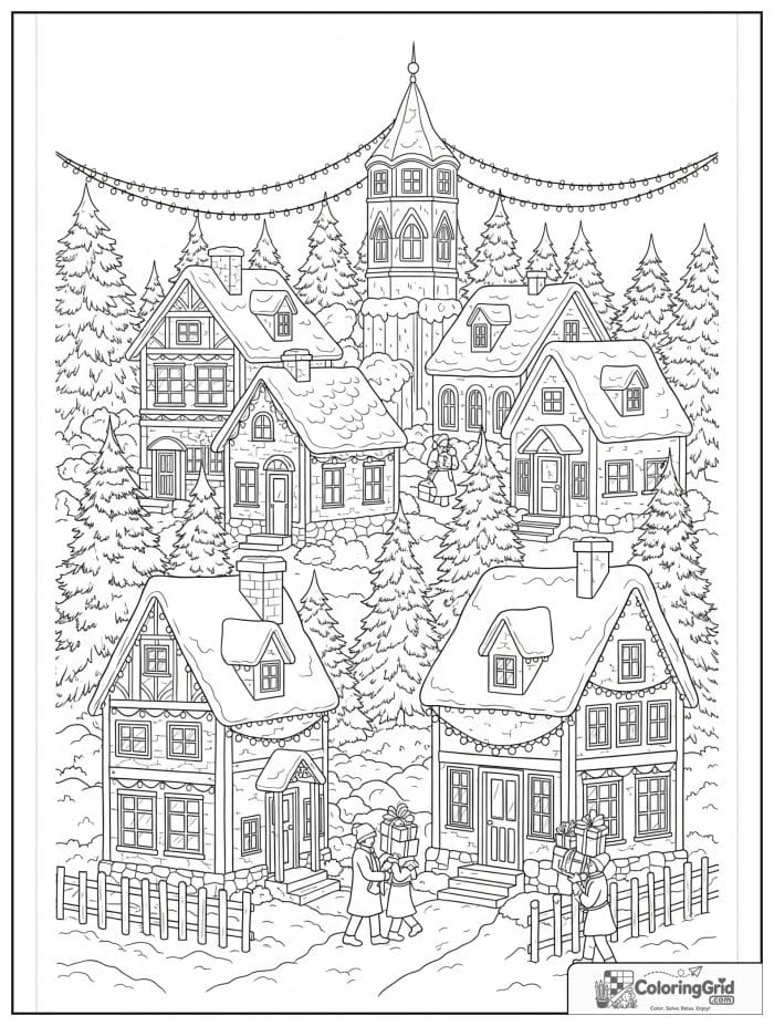 Christmas village with snowy houses coloring page